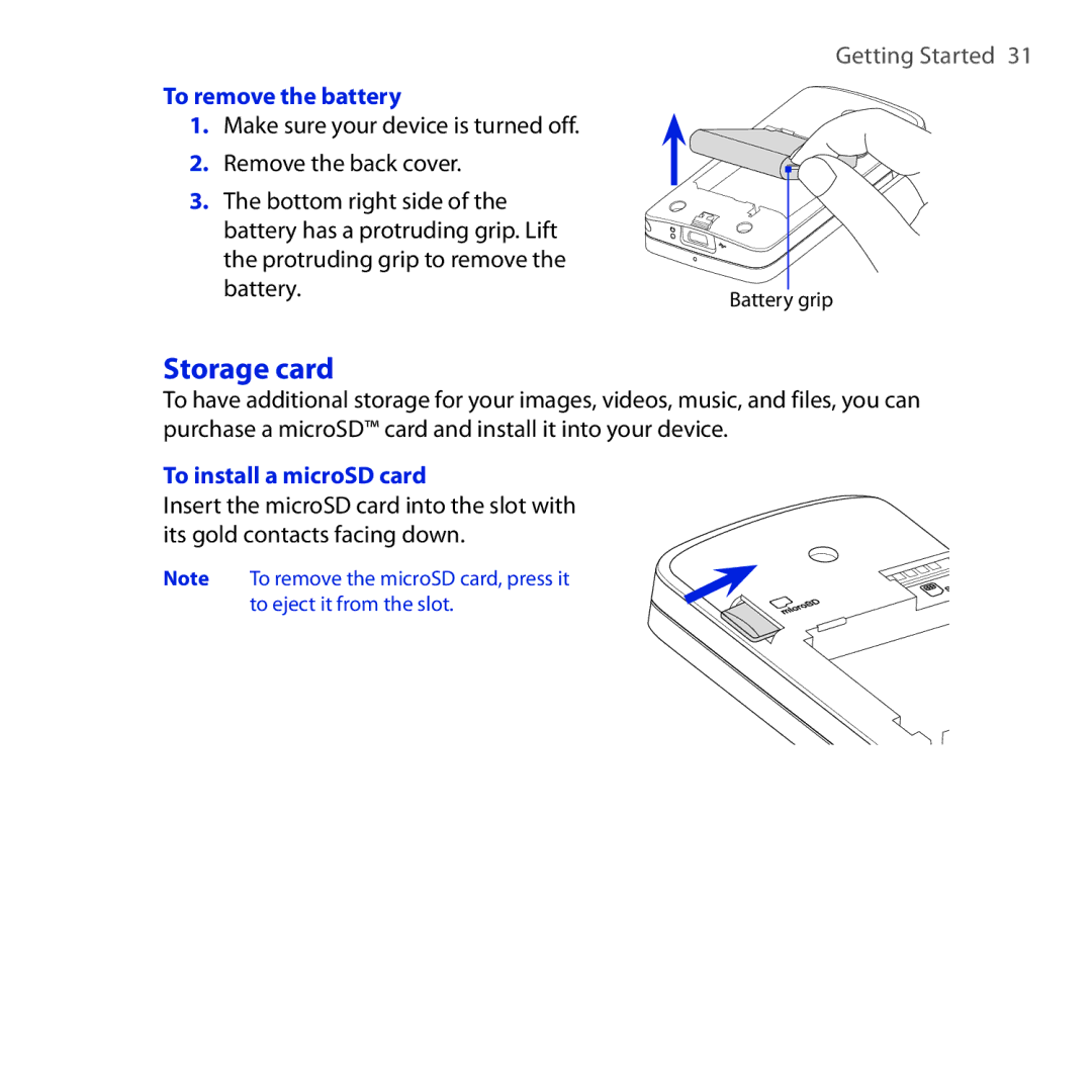 HTC RAPH100 user manual Storage card, To remove the battery, To install a microSD card 