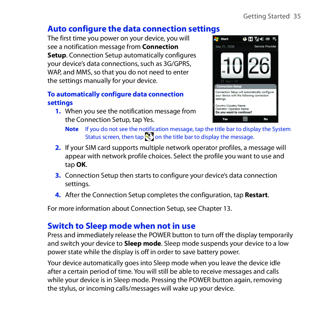 HTC RAPH100 user manual Auto configure the data connection settings, Switch to Sleep mode when not in use 