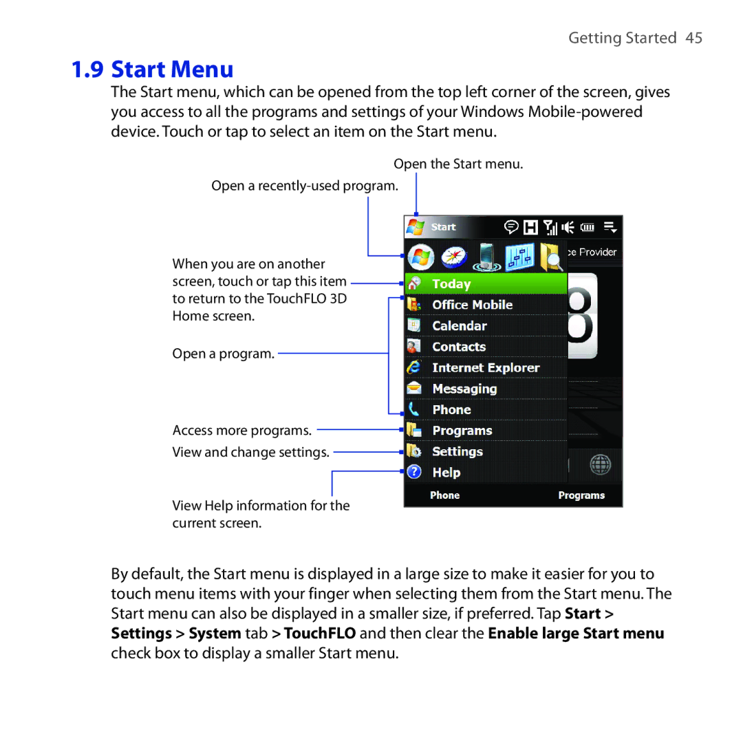 HTC RAPH100 user manual Start Menu 