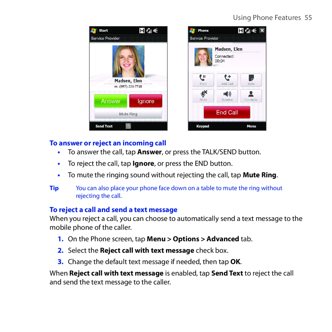 HTC RAPH100 user manual To answer or reject an incoming call, To reject a call and send a text message 