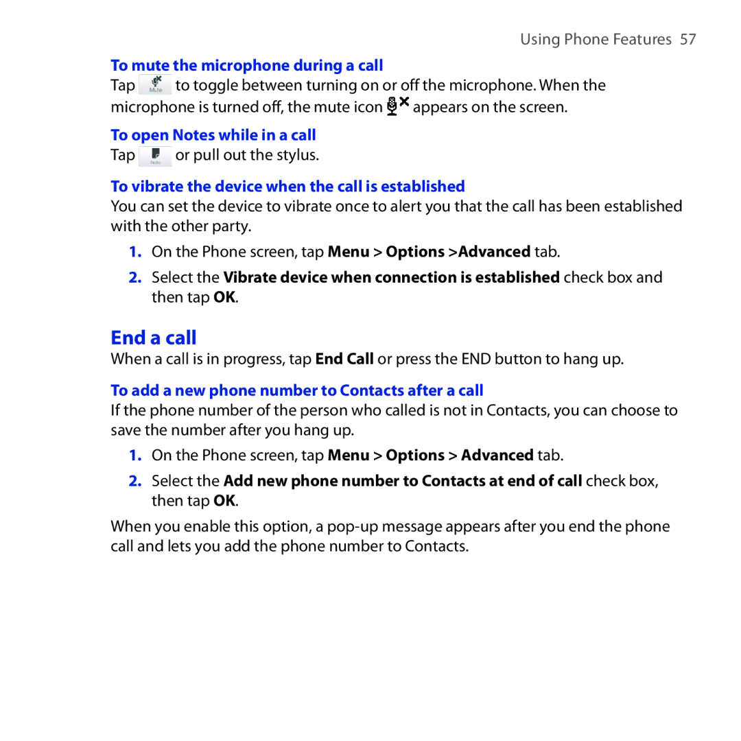 HTC RAPH100 user manual End a call, To mute the microphone during a call, To open Notes while in a call 