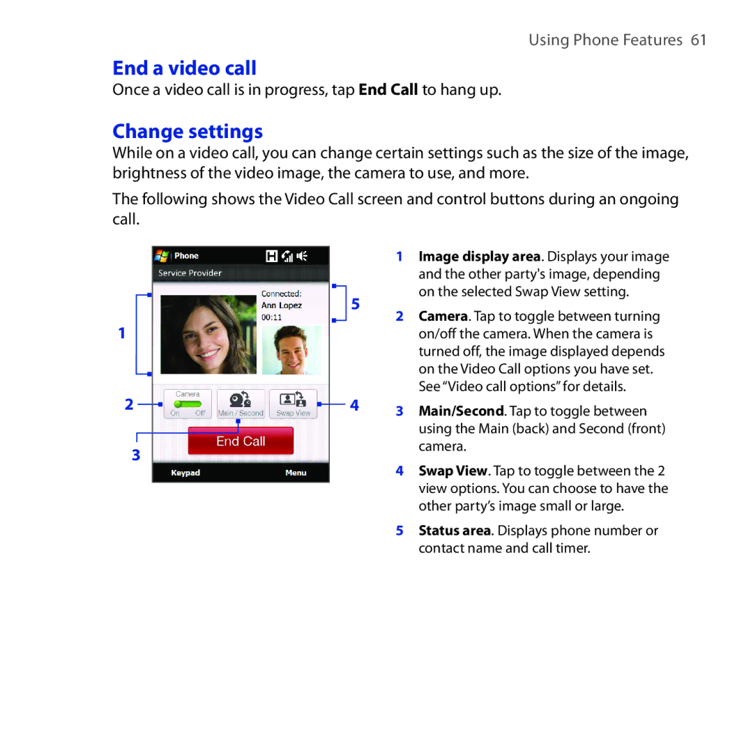 HTC RAPH100 user manual End a video call, Change settings, Once a video call is in progress, tap End Call to hang up 