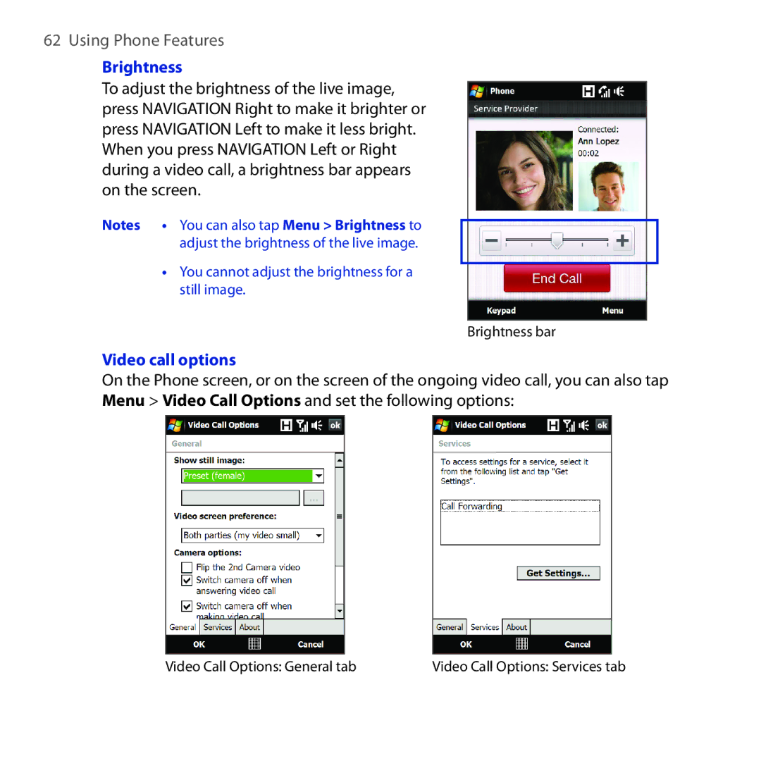 HTC RAPH100 user manual Brightness, Video call options 