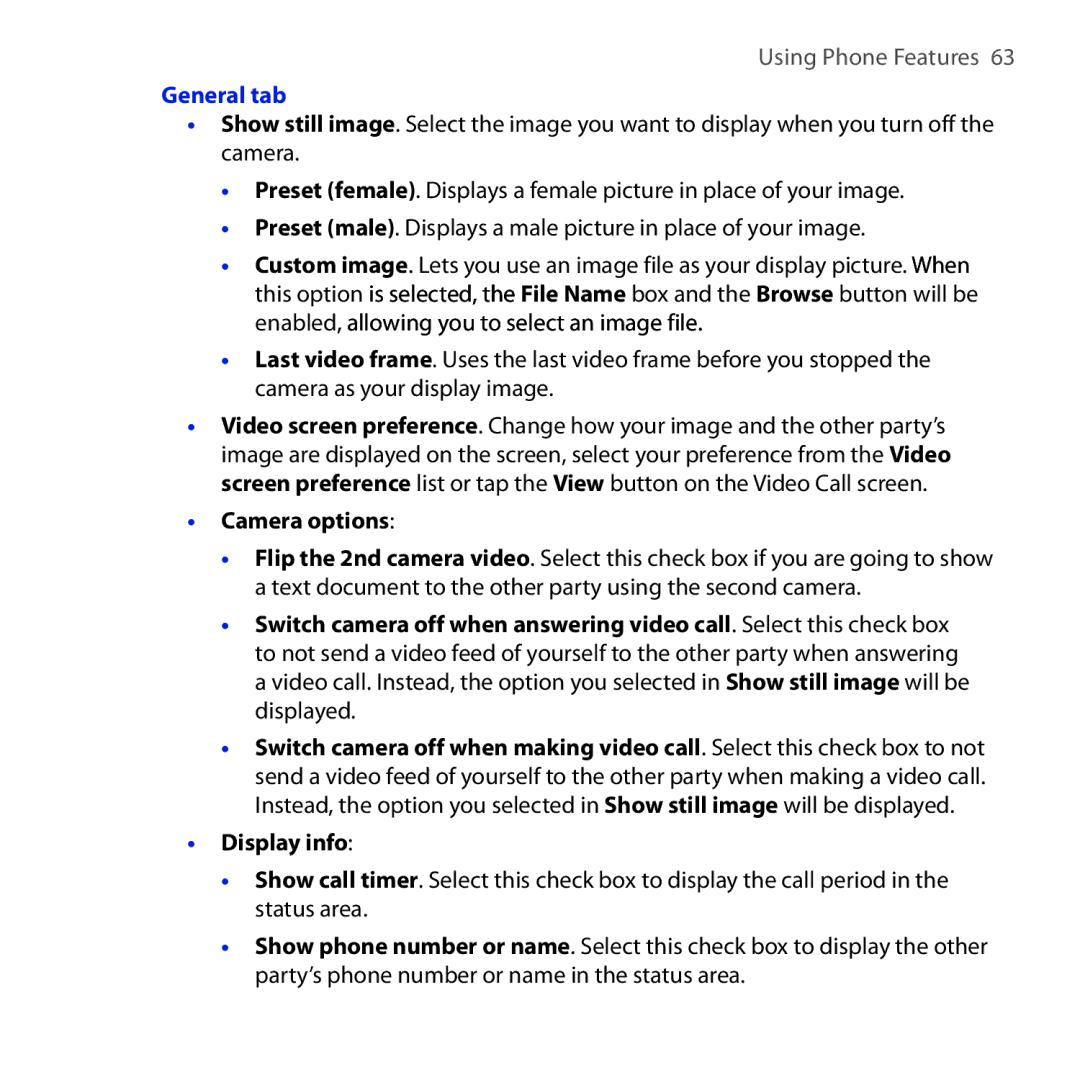 HTC RAPH100 user manual General tab, Camera options, Display info 