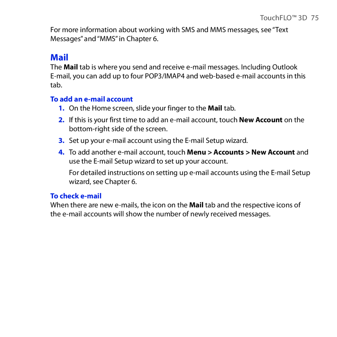 HTC RAPH100 user manual Mail, To add an e-mail account, To check e-mail 