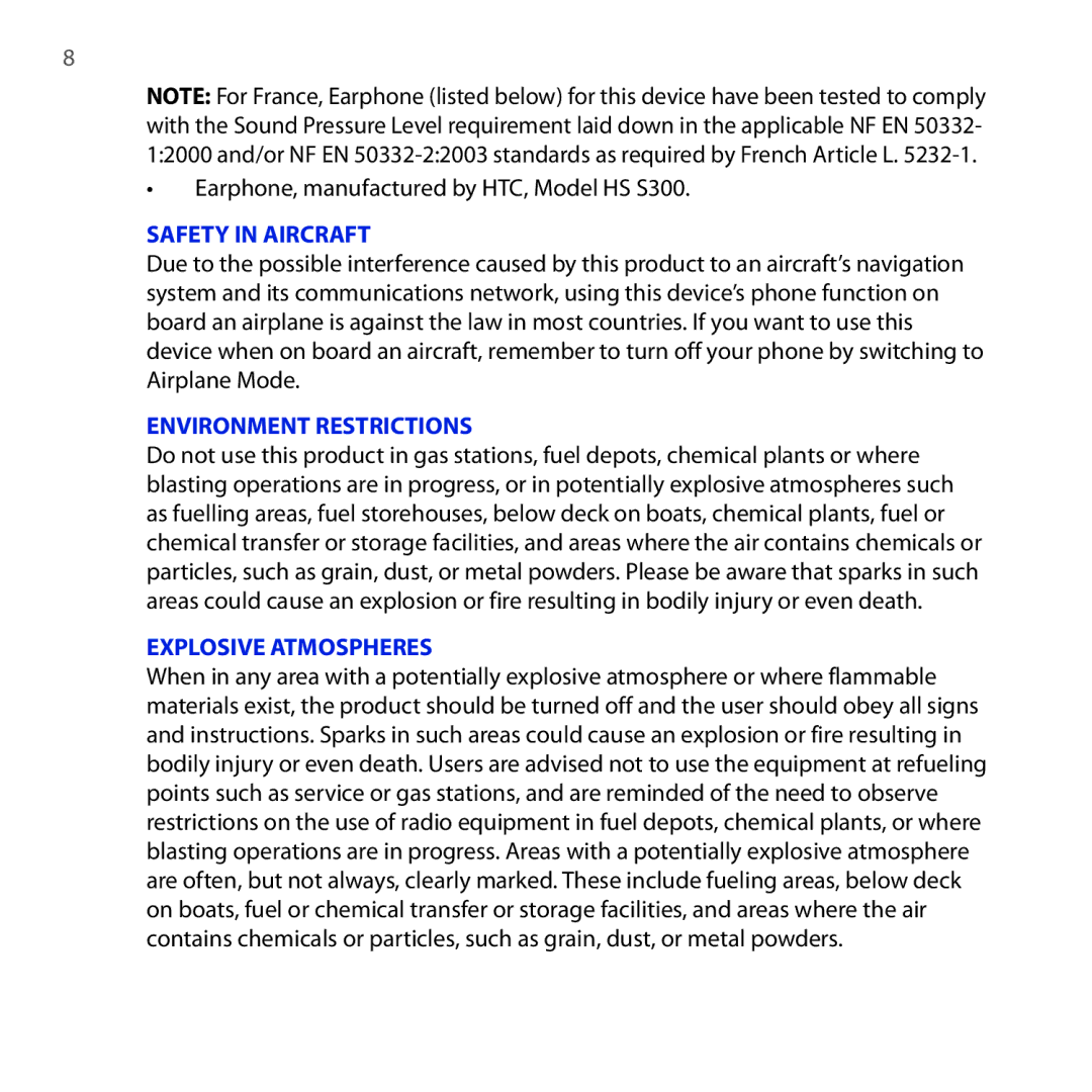 HTC RAPH100 user manual Earphone, manufactured by HTC, Model HS S300, Safety in Aircraft 