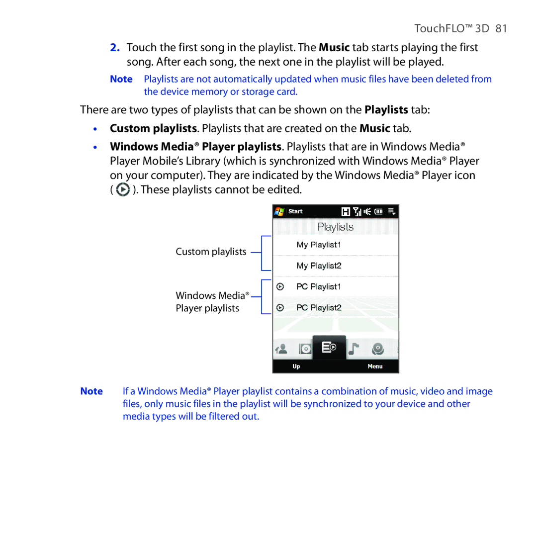 HTC RAPH100 user manual Custom playlists Windows Media Player playlists 
