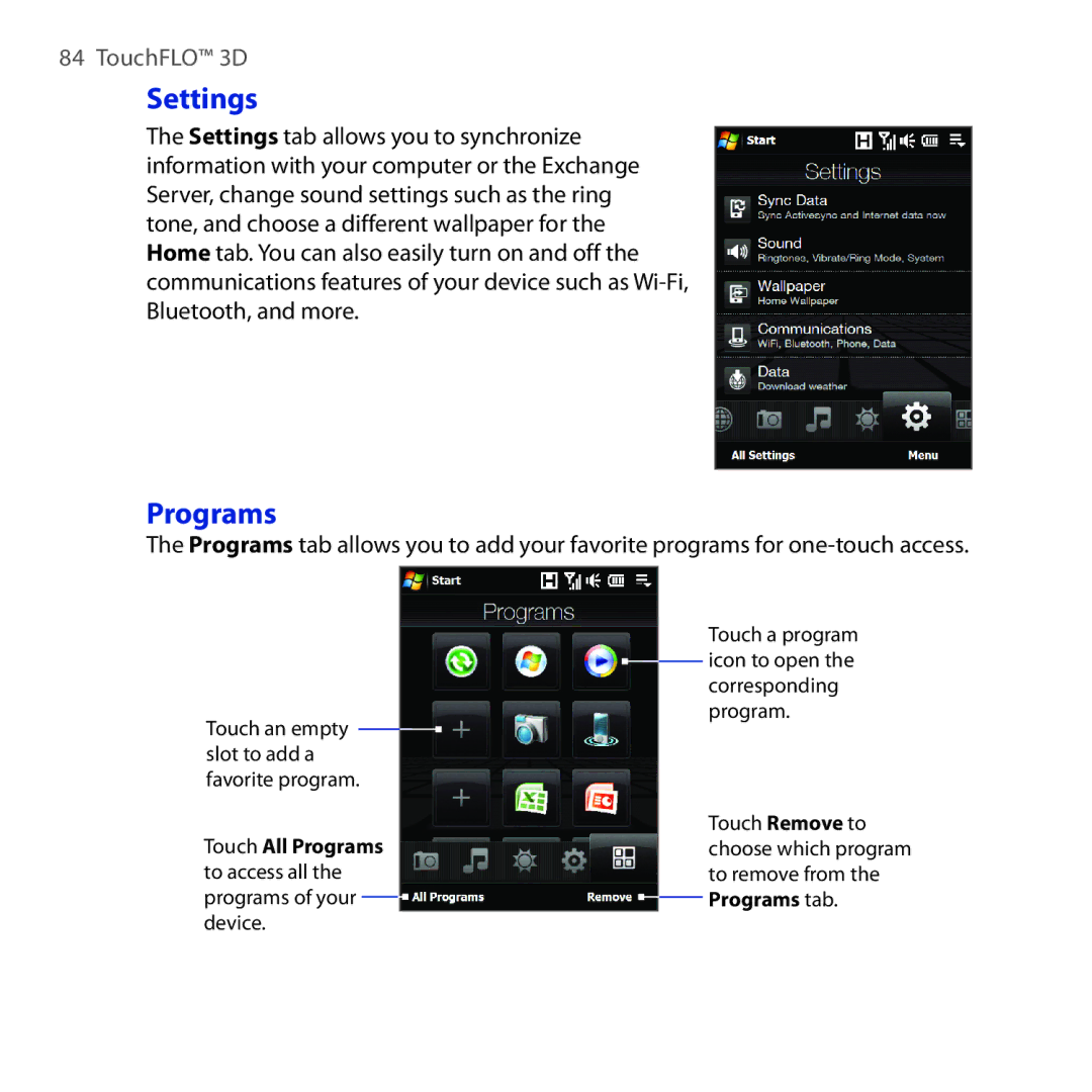 HTC RAPH100 user manual Settings, Programs 