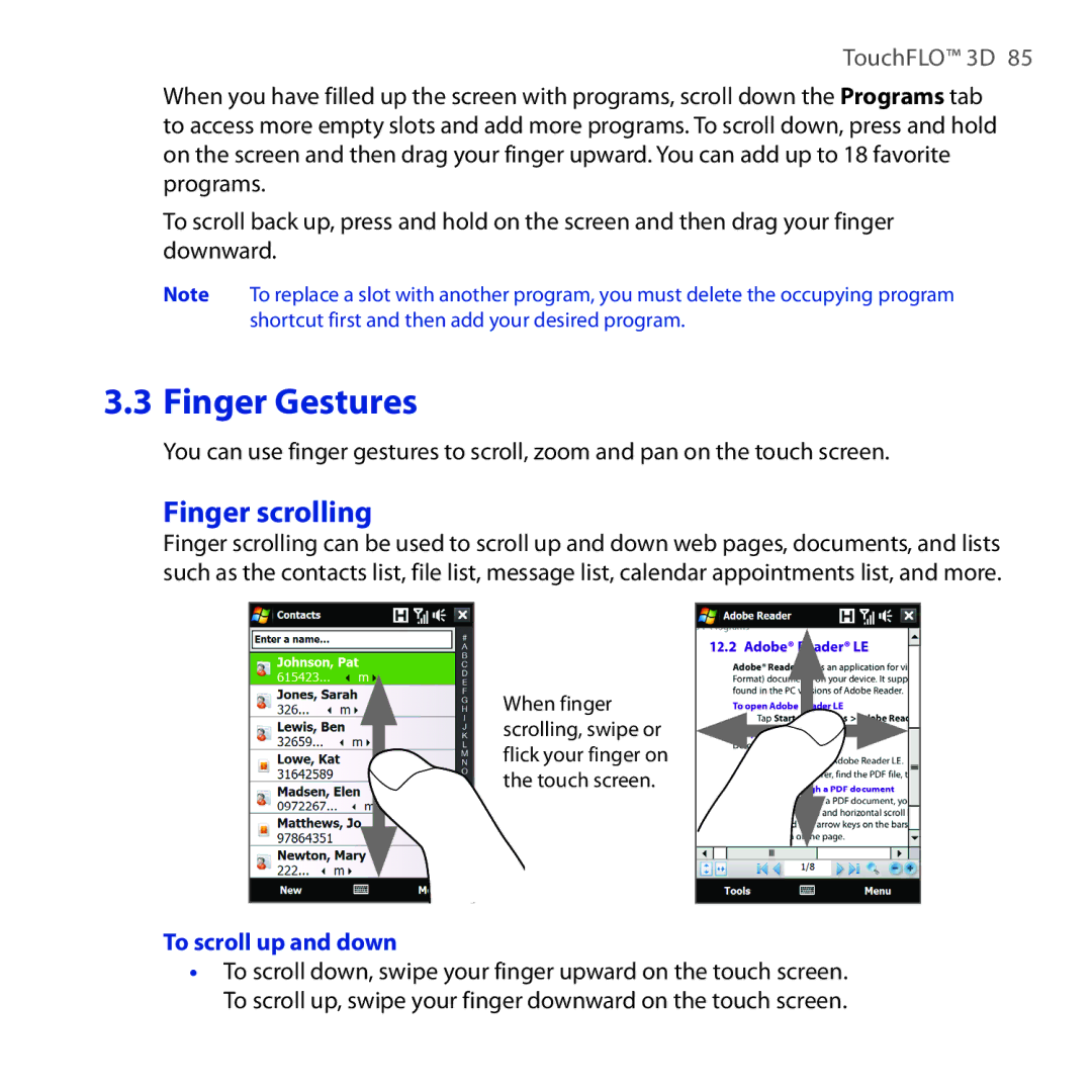 HTC RAPH100 user manual Finger scrolling, To scroll up and down 