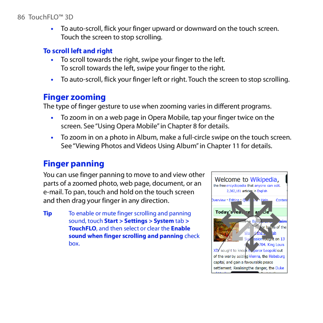 HTC RAPH100 user manual Finger zooming, Finger panning, To scroll left and right 