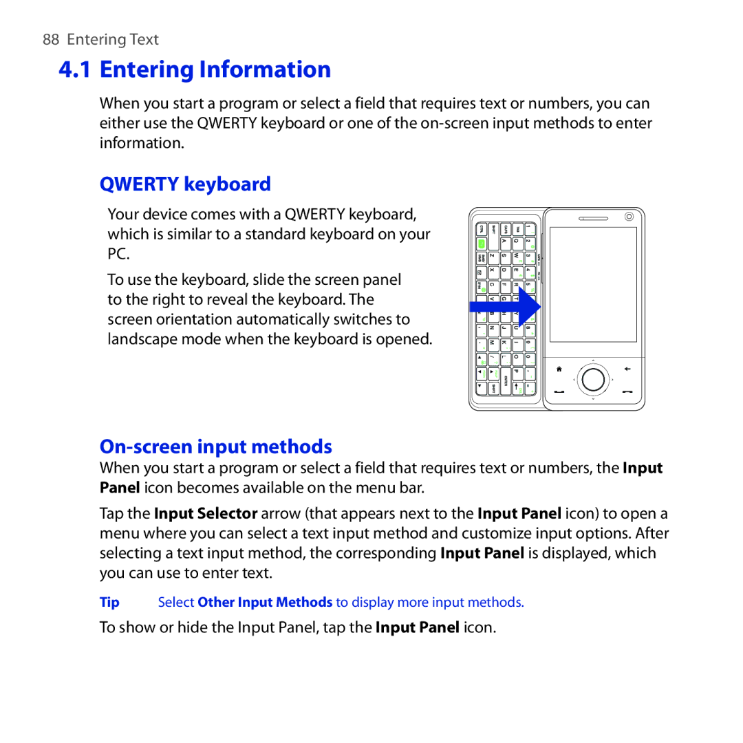 HTC RAPH100 user manual Entering Information, Qwerty keyboard, On-screen input methods 