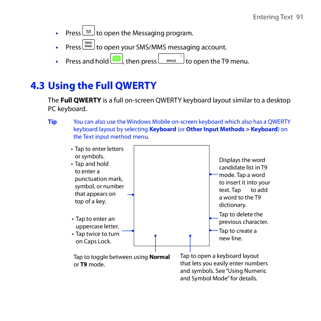 HTC RAPH100 user manual Tap to toggle between using Normal or T9 mode 