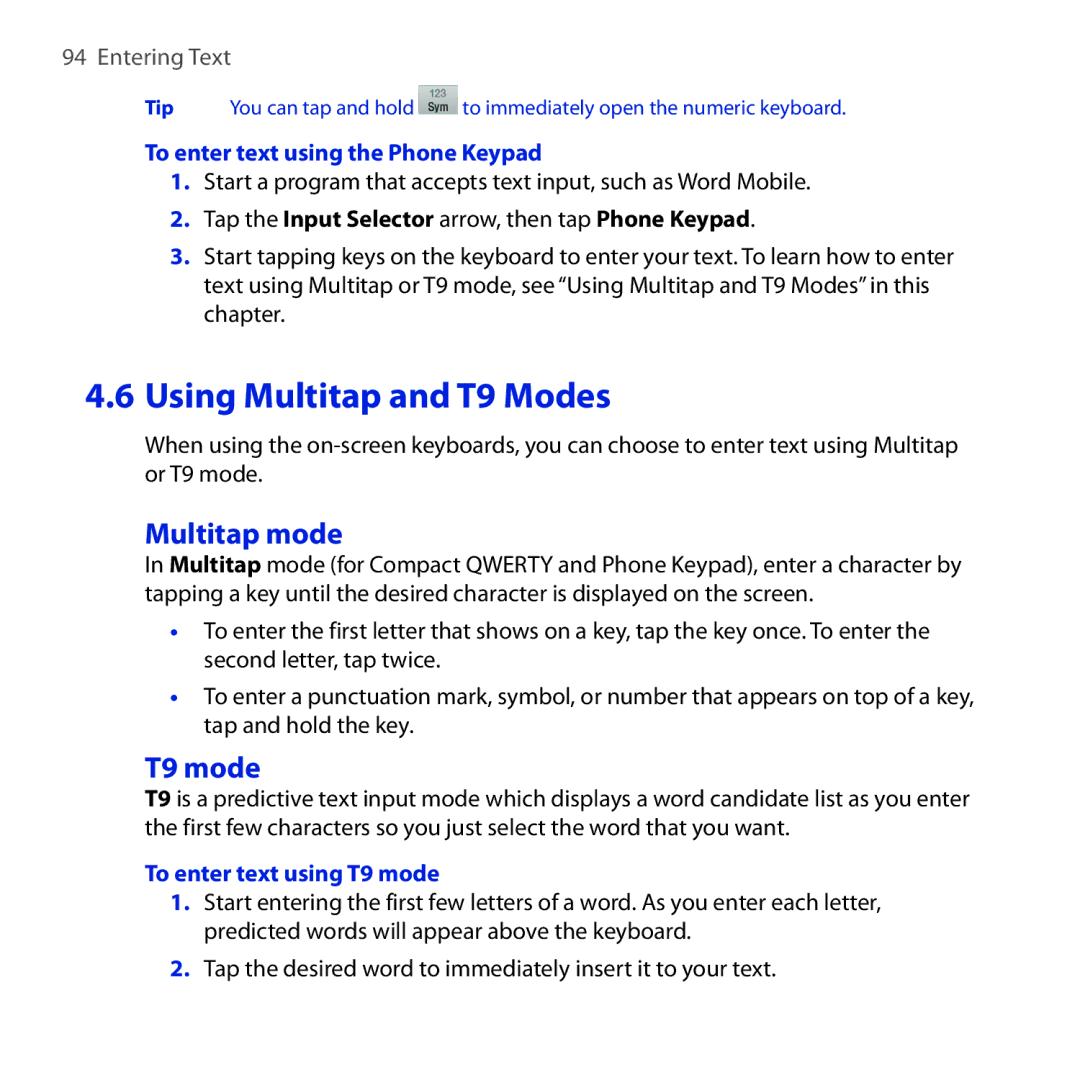 HTC RAPH100 user manual Multitap mode, To enter text using the Phone Keypad, To enter text using T9 mode 