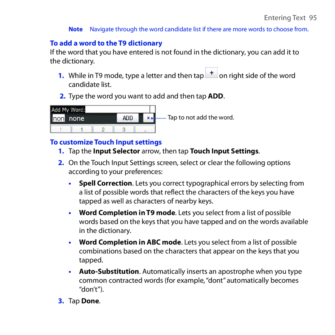 HTC RAPH100 user manual To add a word to the T9 dictionary, To customize Touch Input settings 