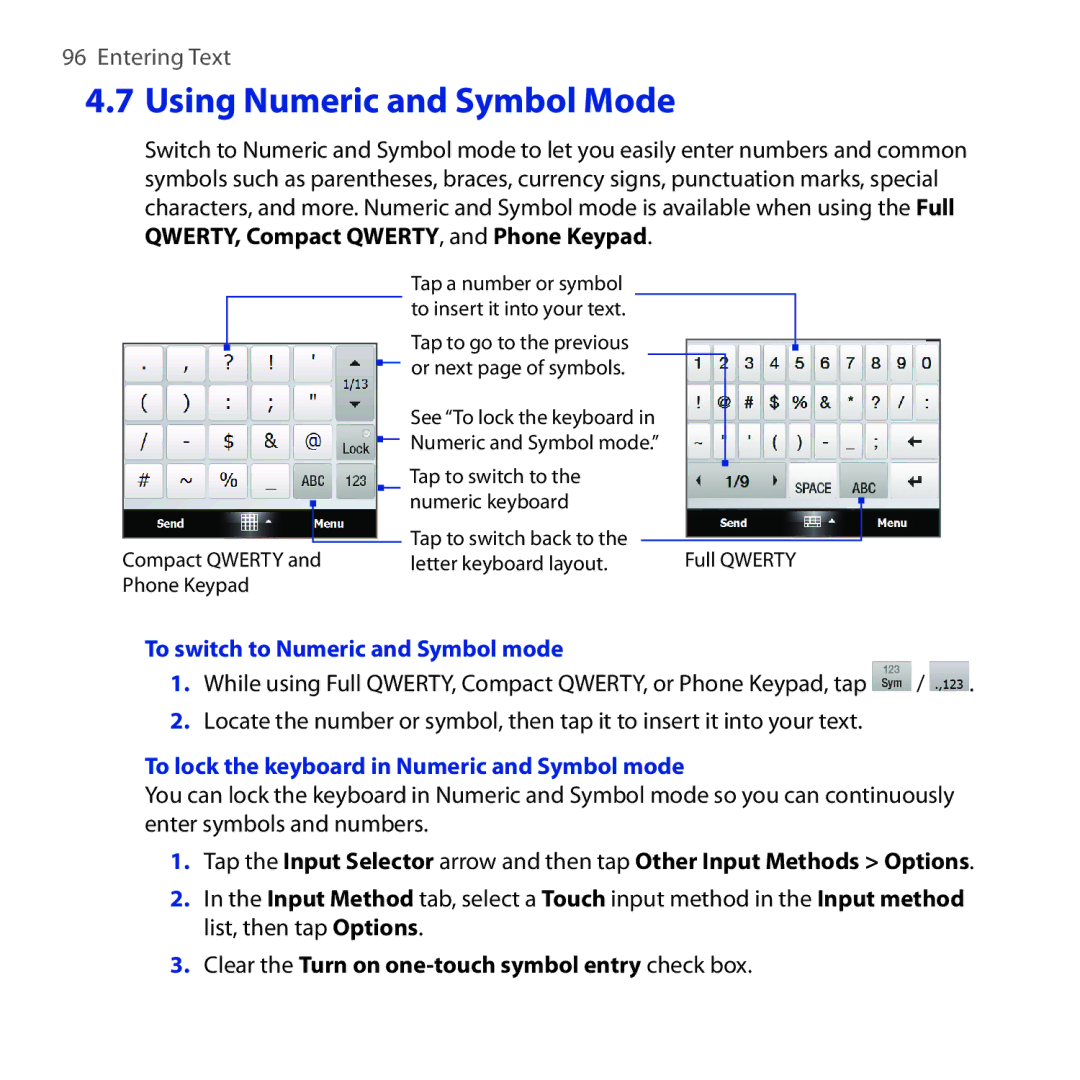 HTC RAPH100 user manual To switch to Numeric and Symbol mode, To lock the keyboard in Numeric and Symbol mode 