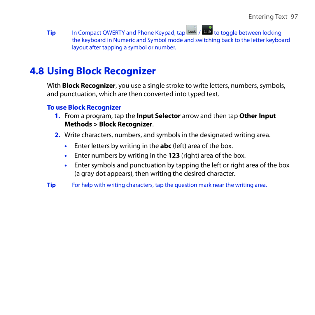 HTC RAPH100 user manual Using Block Recognizer, To use Block Recognizer 