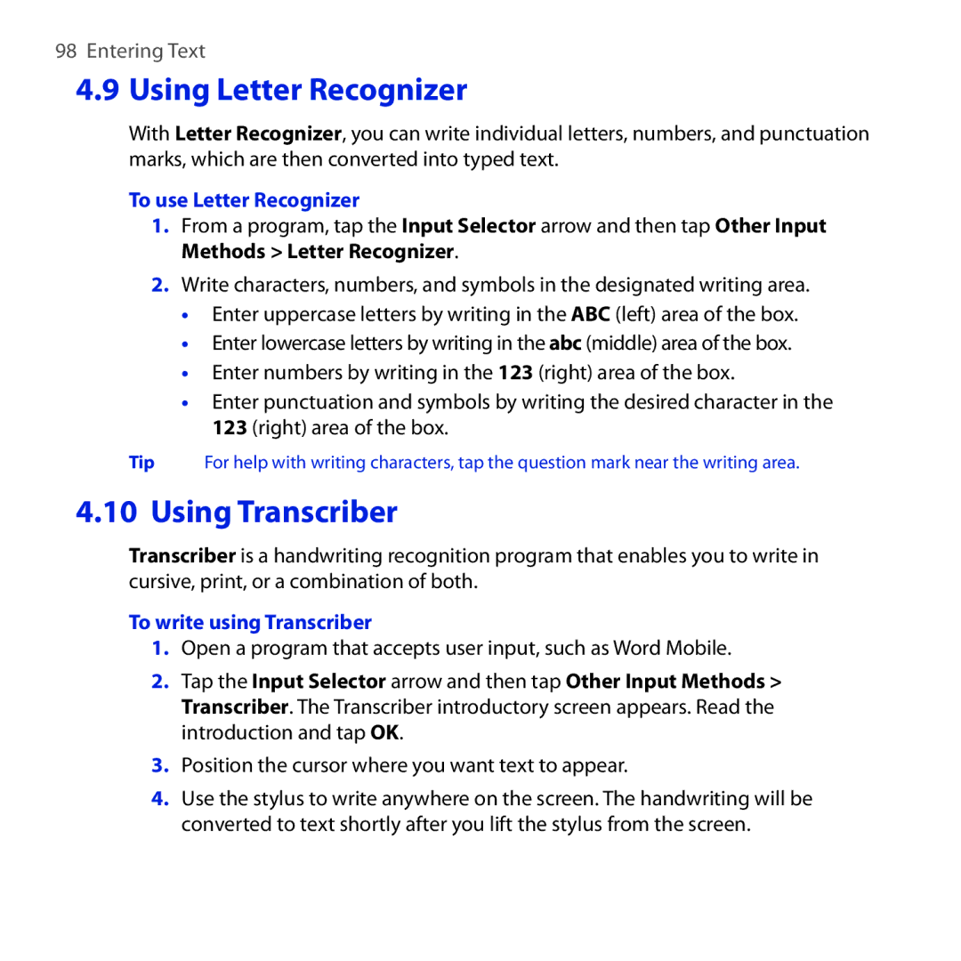 HTC RAPH100 user manual To use Letter Recognizer, To write using Transcriber 