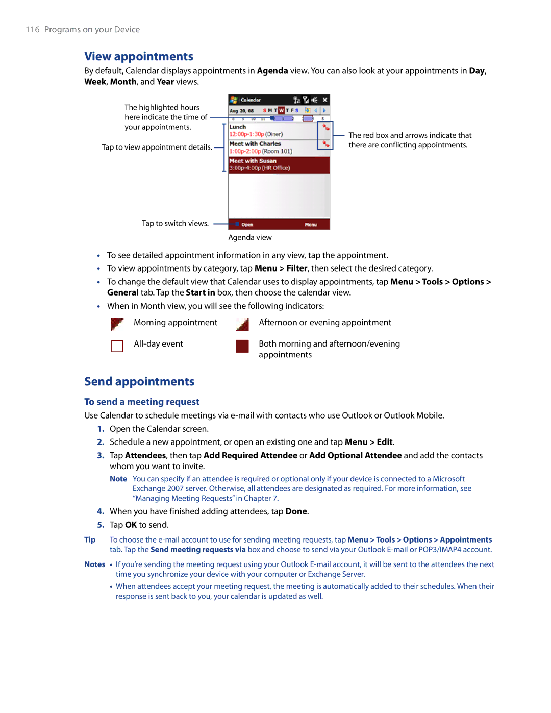 HTC RAPH500 user manual View appointments, Send appointments, To send a meeting request 