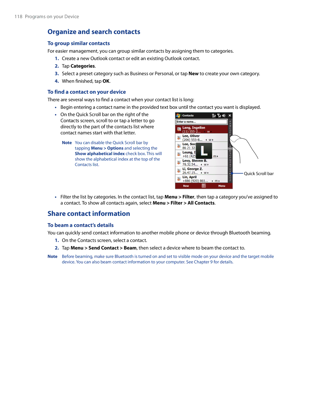 HTC RAPH500 user manual Organize and search contacts, Share contact information, To group similar contacts 