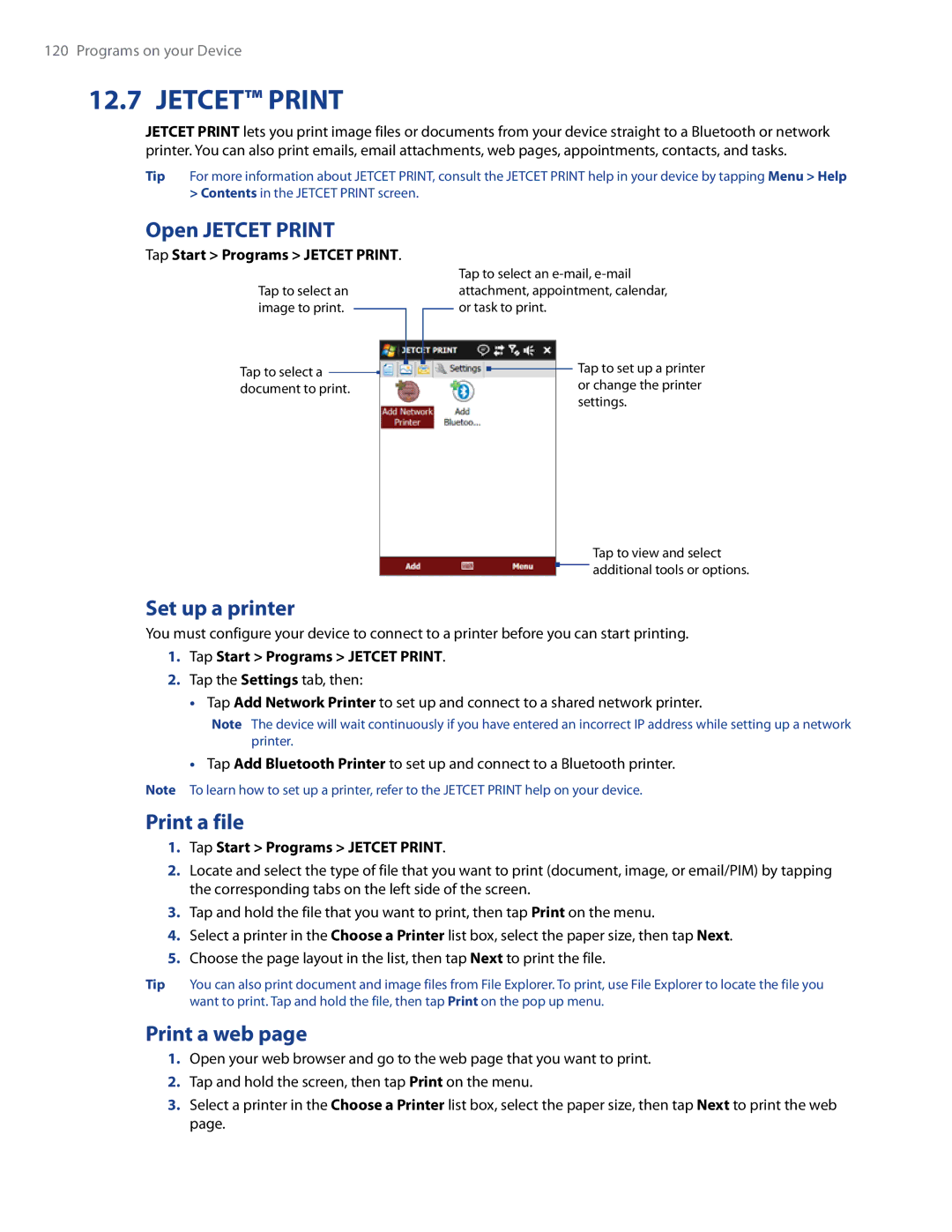 HTC RAPH500 user manual Open Jetcet Print, Set up a printer, Print a file, Print a web, Tap Start Programs Jetcet Print 