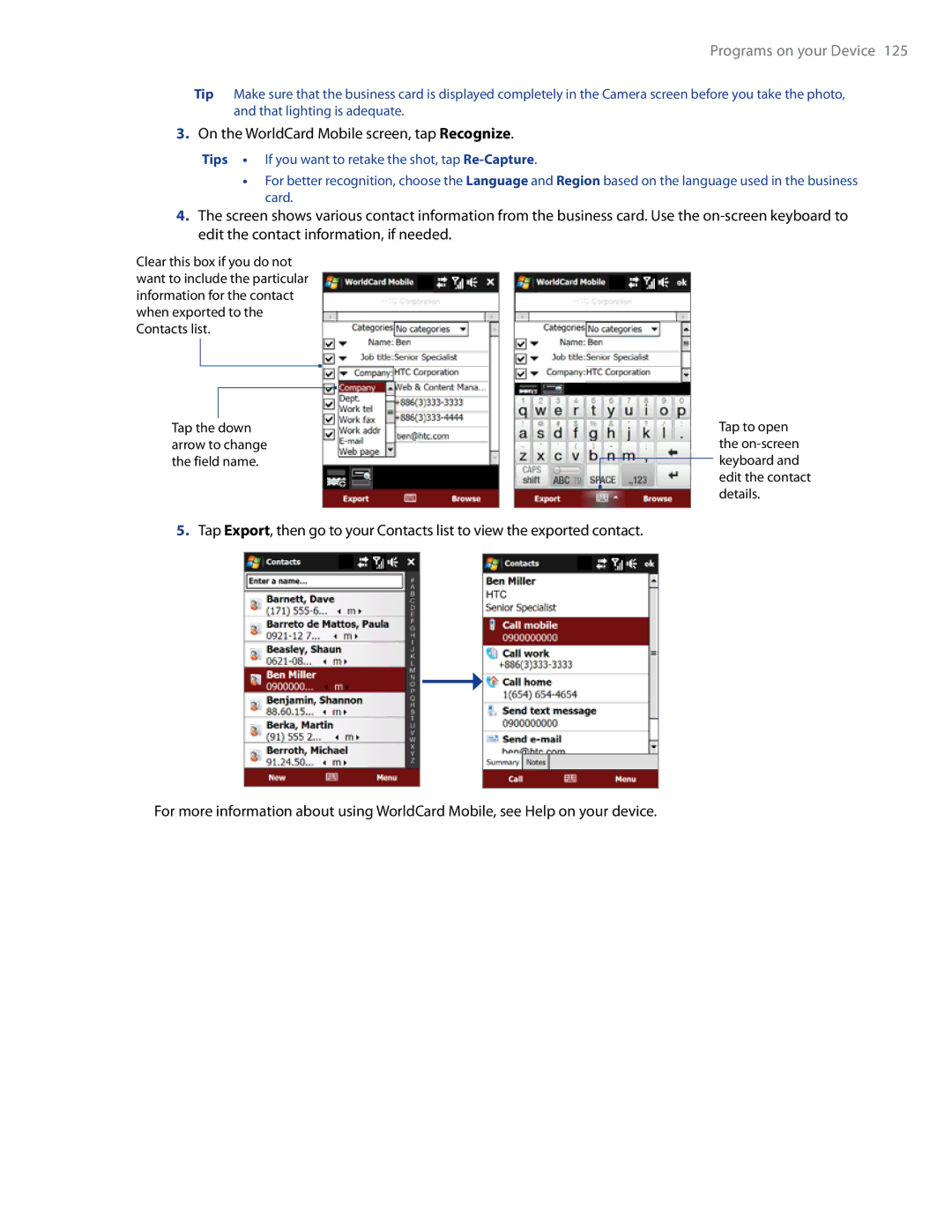 HTC RAPH500 user manual On the WorldCard Mobile screen, tap Recognize 