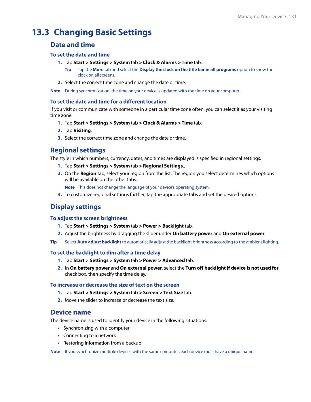 HTC RAPH500 user manual Changing Basic Settings, Date and time, Regional settings, Display settings, Device name 