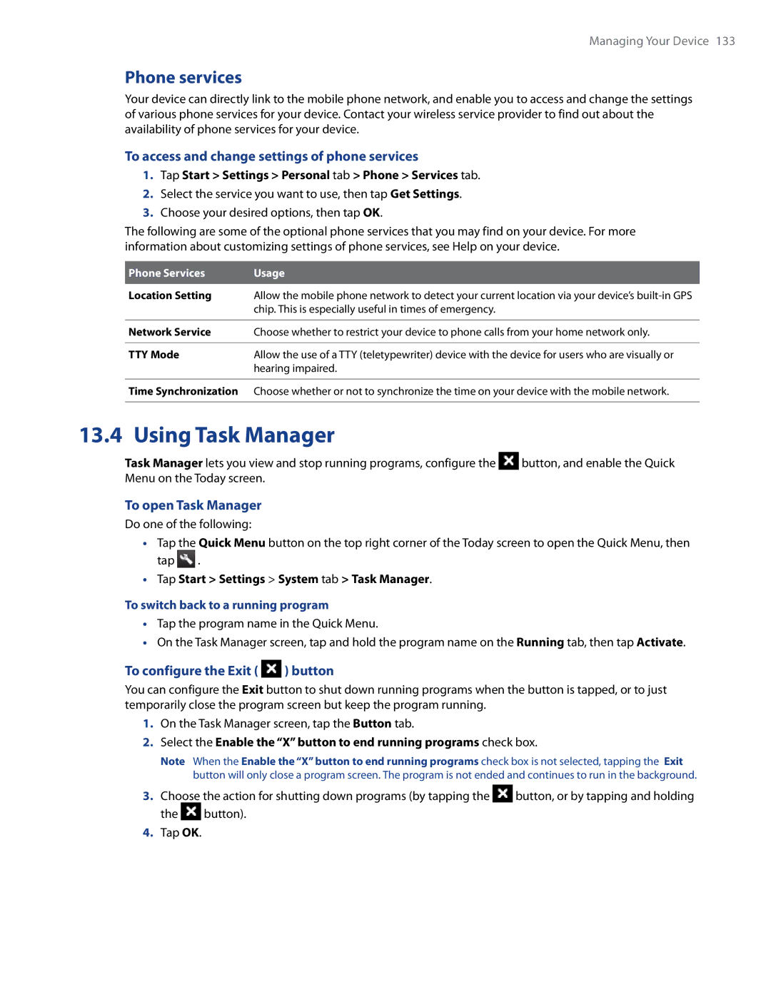 HTC RAPH500 Using Task Manager, Phone services, To access and change settings of phone services, To open Task Manager 