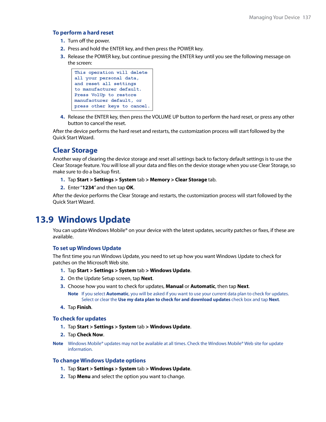 HTC RAPH500 user manual Windows Update, Clear Storage 