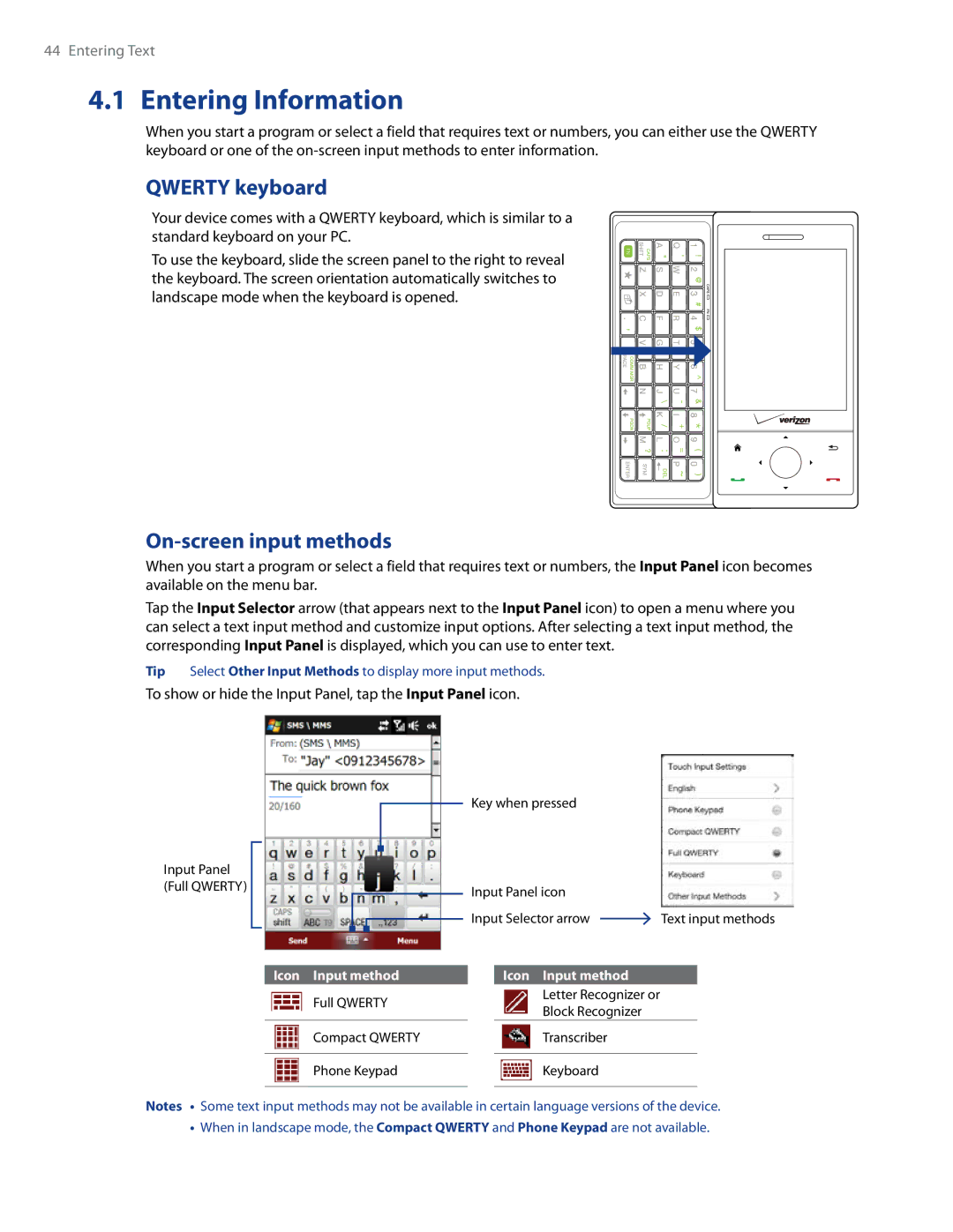 HTC RAPH500 user manual Entering Information, Qwerty keyboard, On-screen input methods 