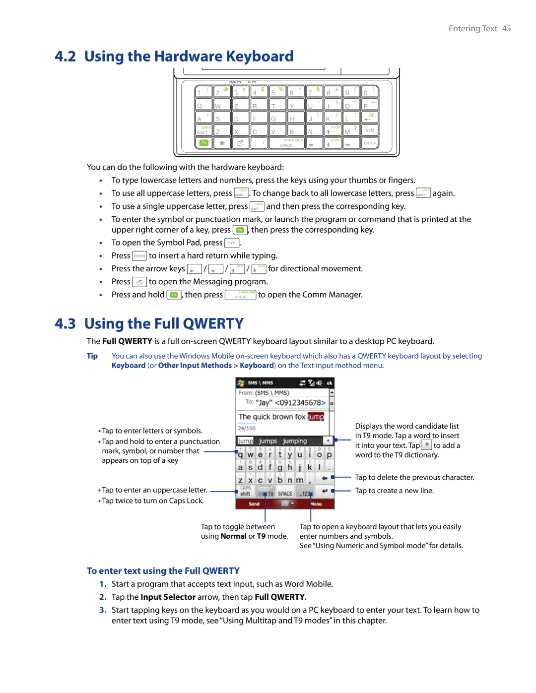 HTC RAPH500 user manual Using the Hardware Keyboard, Using the Full Qwerty, To enter text using the Full Qwerty 