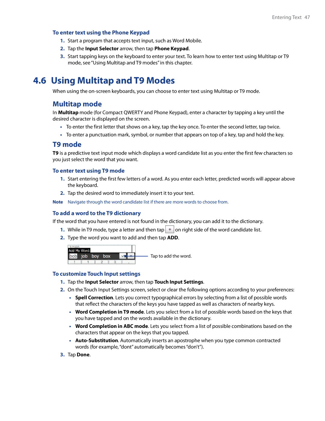 HTC RAPH500 user manual Using Multitap and T9 Modes, Multitap mode, T9 mode 