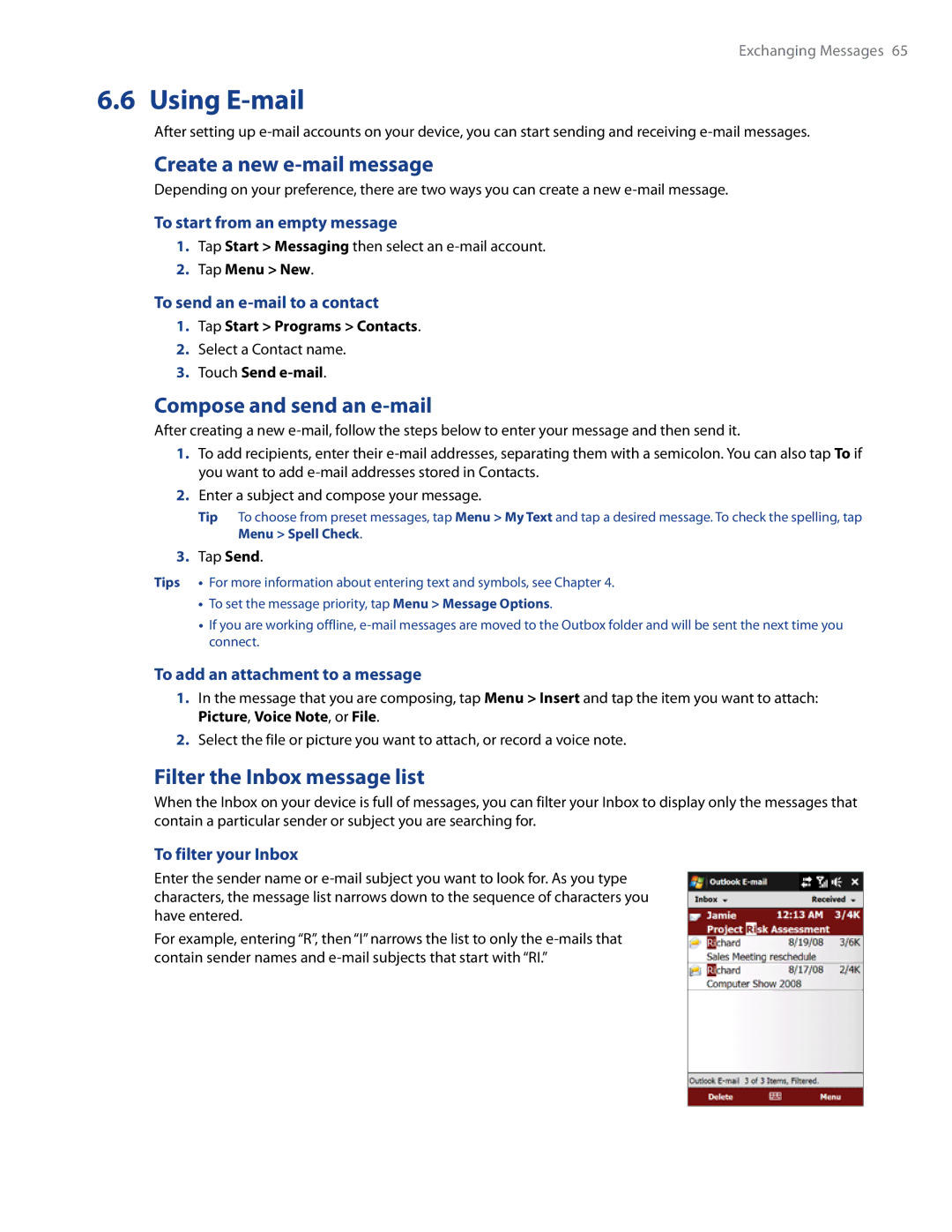HTC RAPH500 Using E-mail, Create a new e-mail message, Compose and send an e-mail, Filter the Inbox message list 