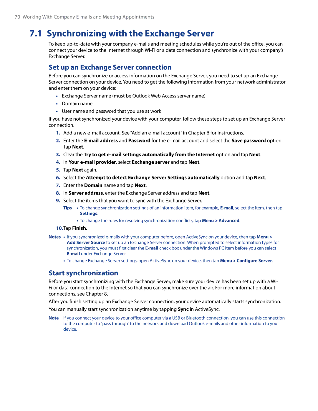 HTC RAPH500 user manual Synchronizing with the Exchange Server, Set up an Exchange Server connection, Start synchronization 