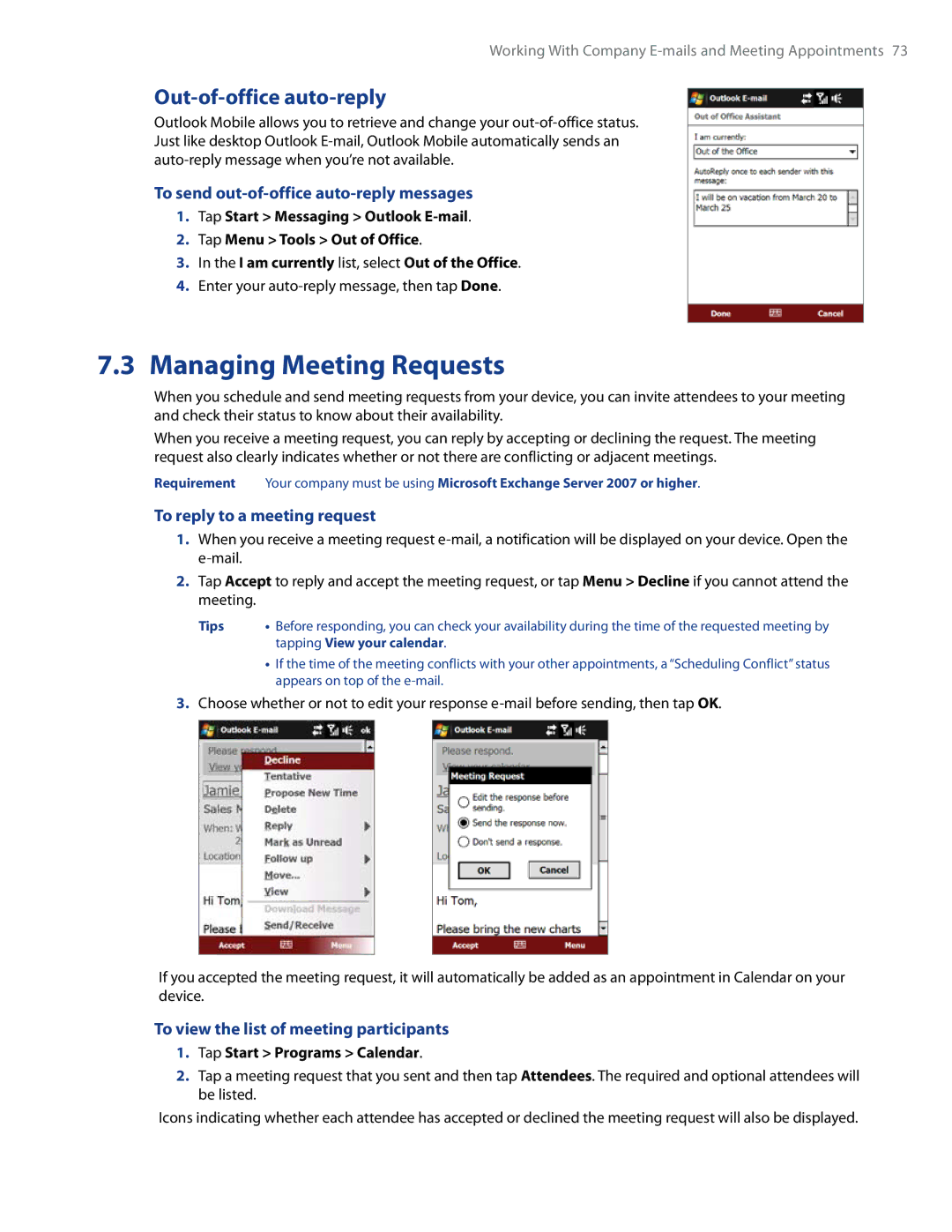 HTC RAPH500 user manual Managing Meeting Requests, Out-of-office auto-reply, To send out-of-office auto-reply messages 