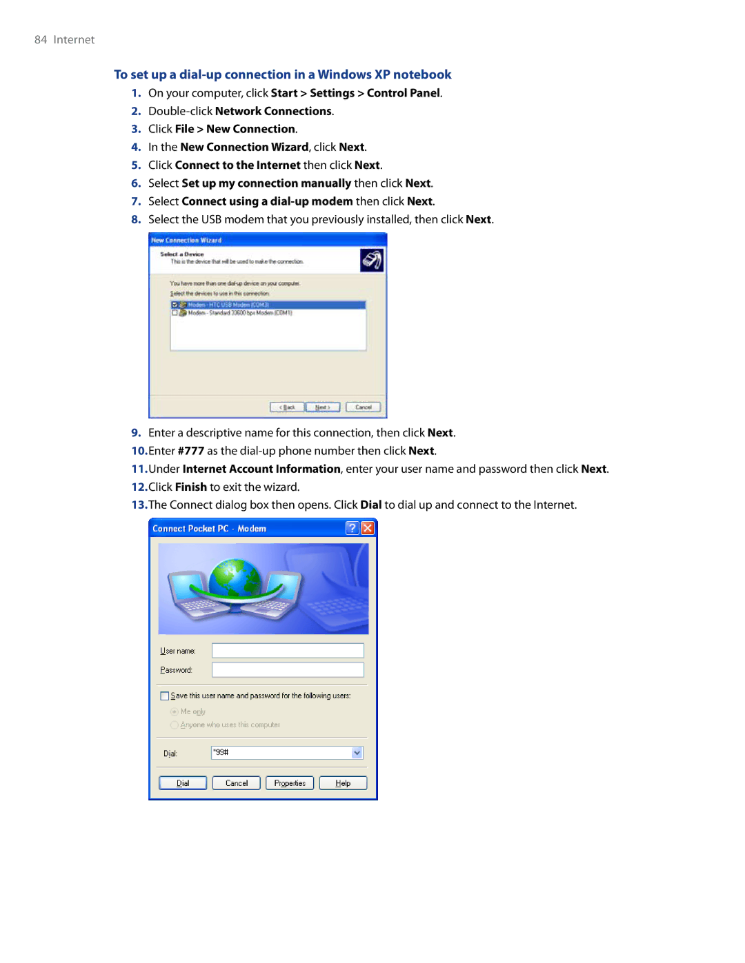 HTC RAPH500 user manual To set up a dial-up connection in a Windows XP notebook 