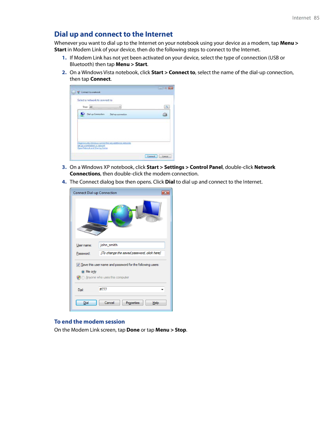 HTC RAPH500 user manual Dial up and connect to the Internet, To end the modem session 