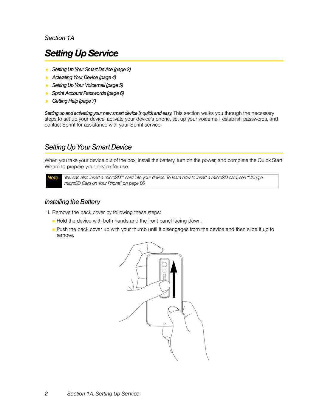 HTC RAPH800 manual Setting Up Service, Setting Up Your Smart Device, Installing the Battery 