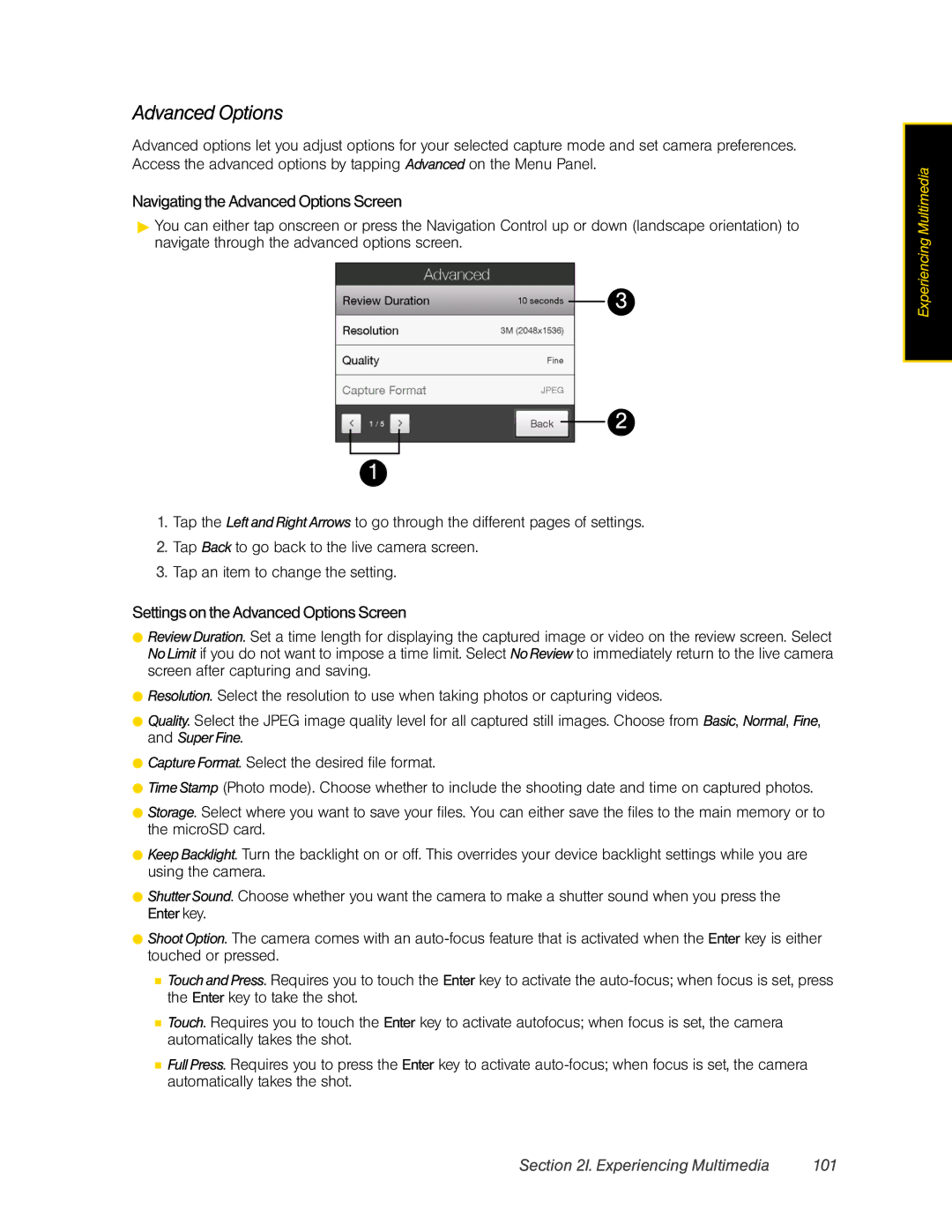 HTC RAPH800 Navigatingthe Advanced OptionsScreen, Settings on the Advanced Options Screen, Experiencing Multimedia 101 