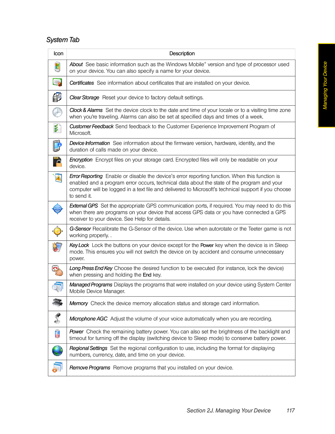 HTC RAPH800 manual System Tab, Managing Your Device 117 