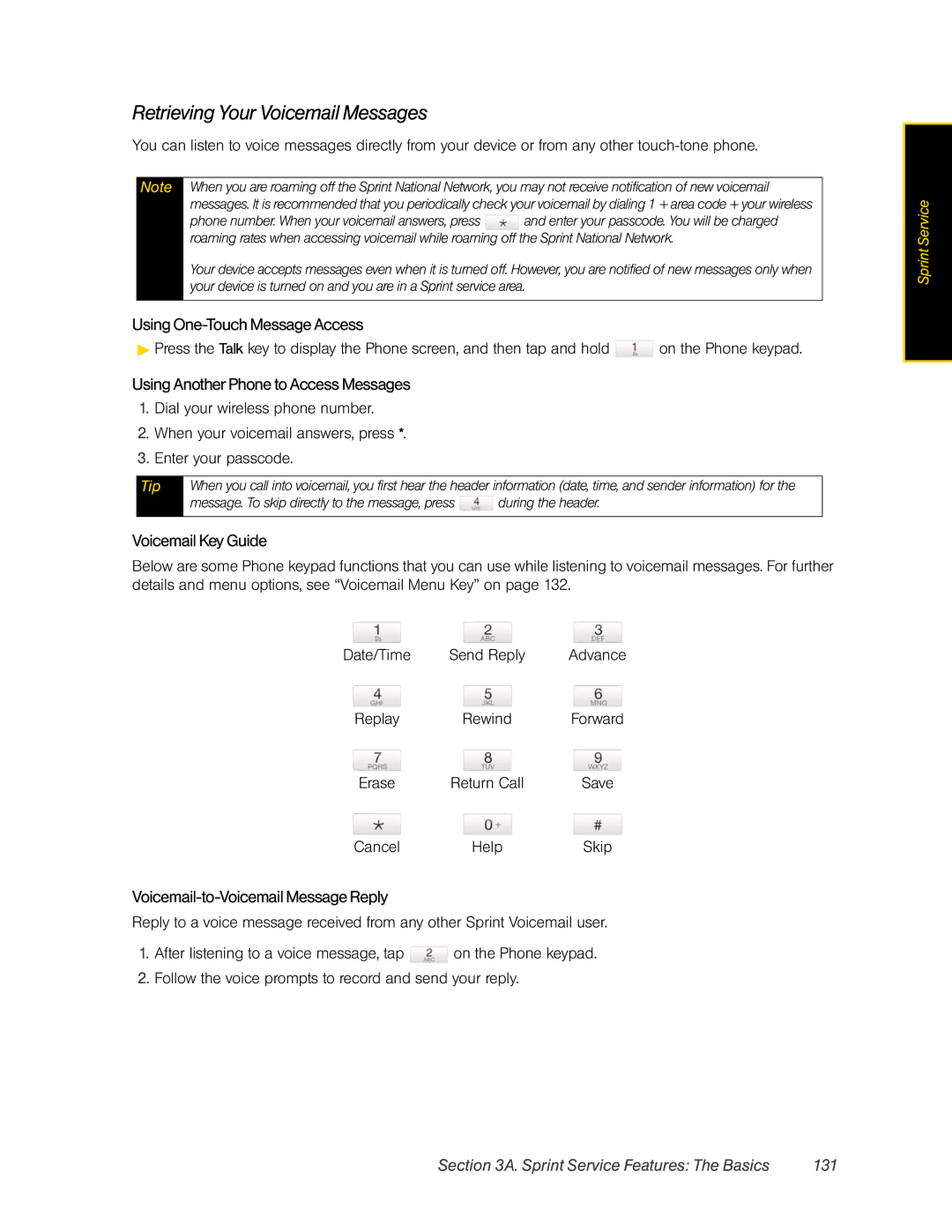 HTC RAPH800 manual Retrieving Your Voicemail Messages, Sprint Service Features The Basics 131 