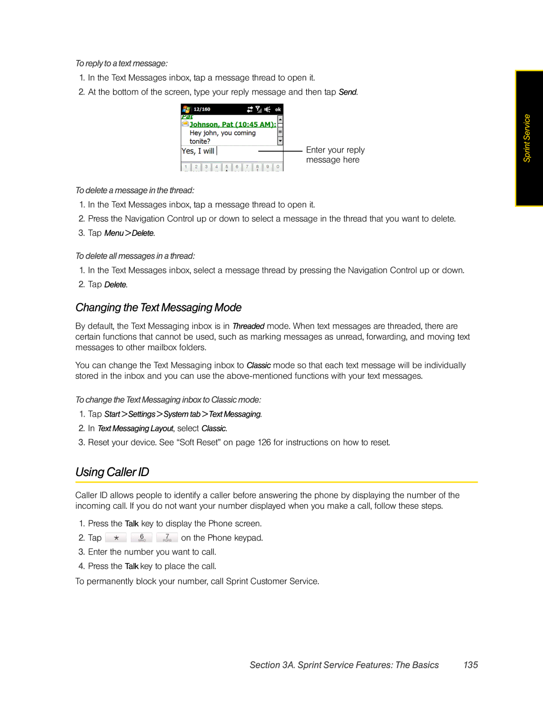 HTC RAPH800 manual Using Caller ID, Changing the Text Messaging Mode, Sprint Service Features The Basics 135 