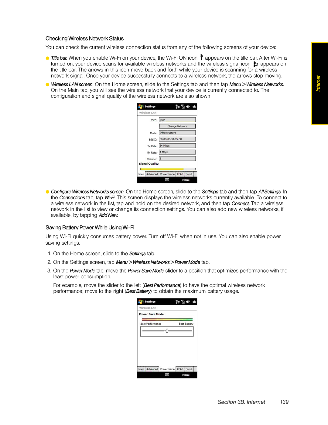 HTC RAPH800 manual CheckingWireless NetworkStatus, Saving Battery Power WhileUsing Wi-Fi, Internet 139 