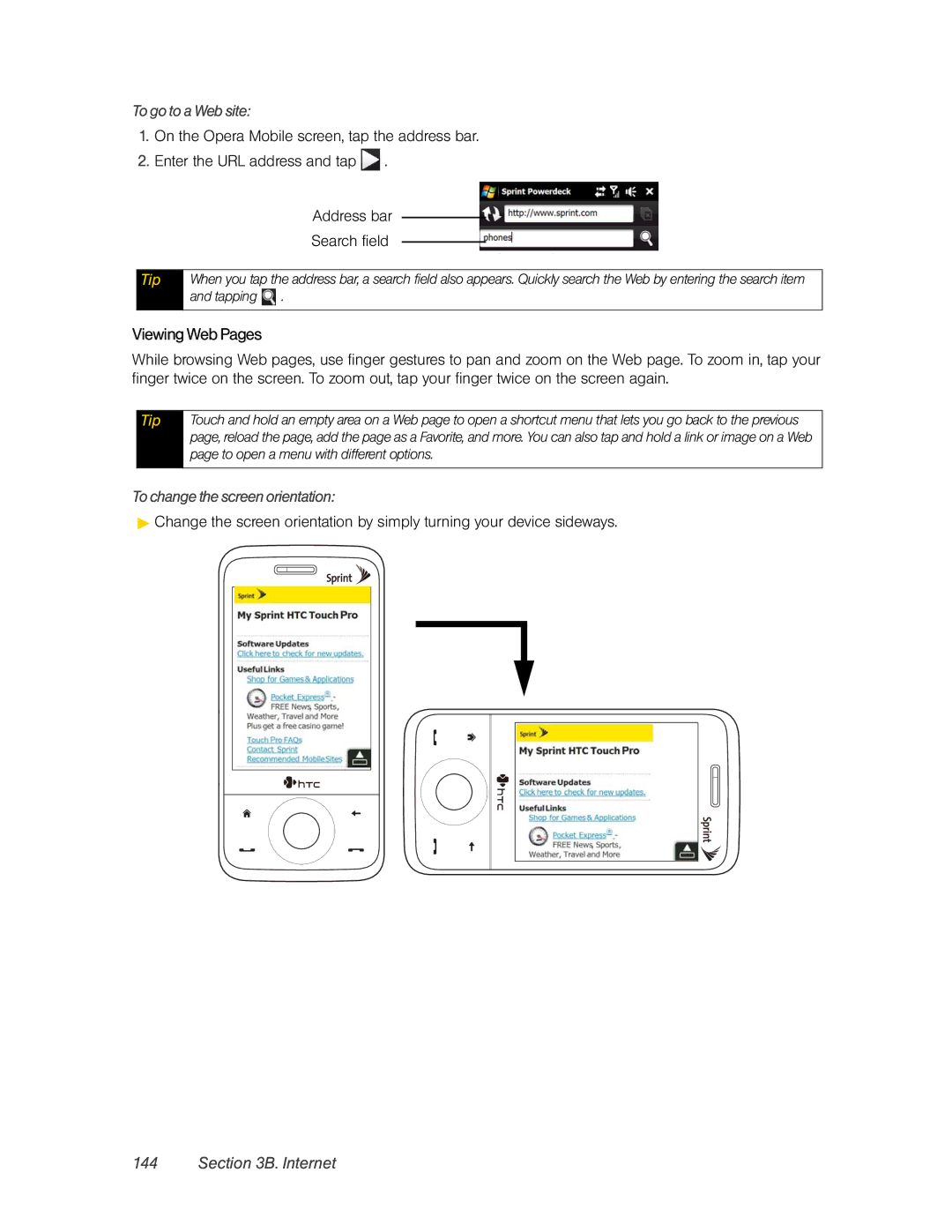 HTC RAPH800 manual Viewing Web Pages, To go to a Web site, To change the screen orientation 