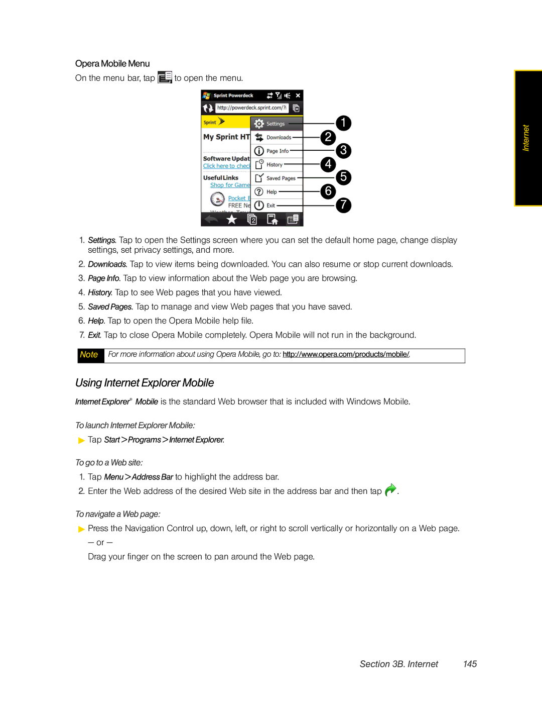 HTC RAPH800 manual Using Internet Explorer Mobile, Opera Mobile Menu, Internet 145, To launch Internet Explorer Mobile 