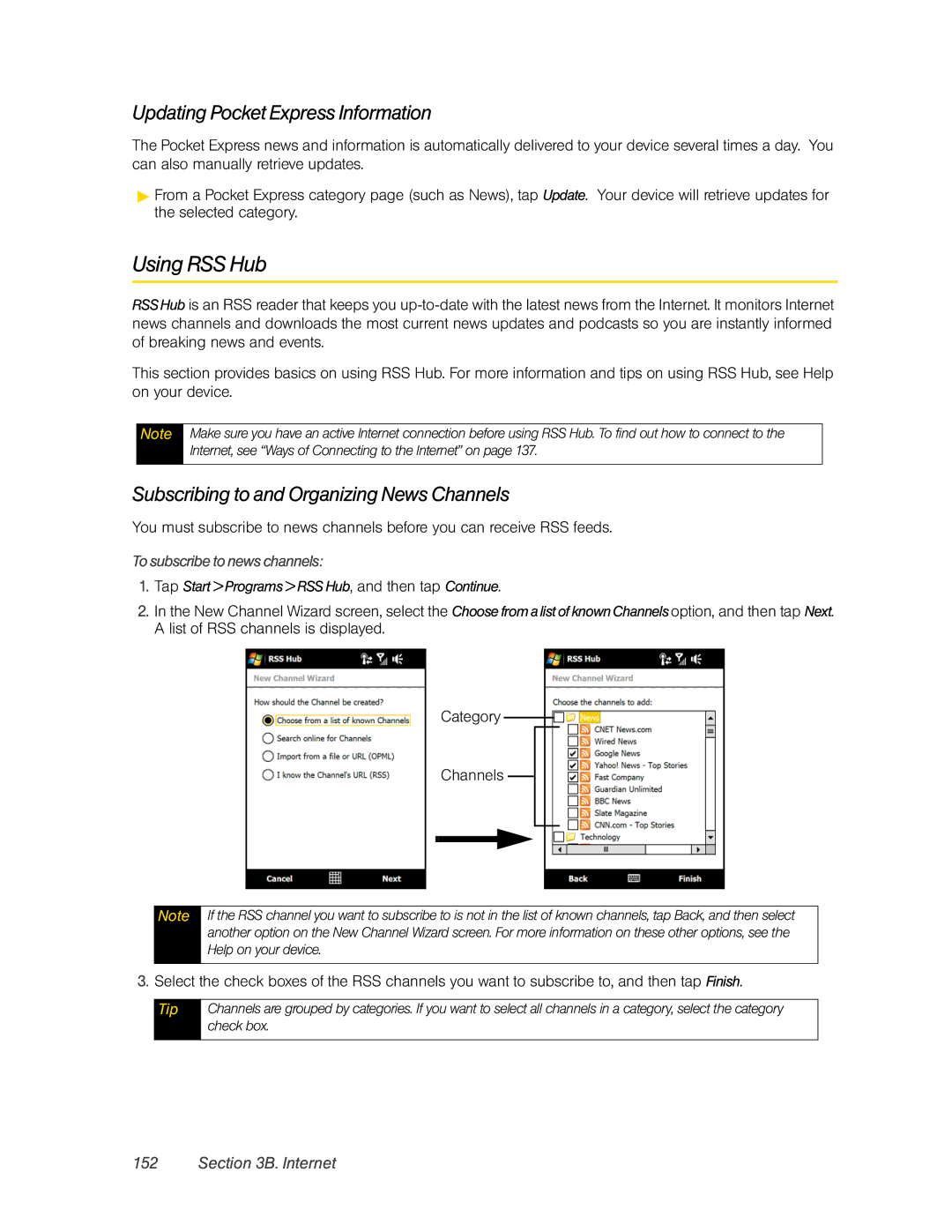 HTC RAPH800 manual Using RSS Hub, Updating Pocket Express Information, Subscribing to and Organizing News Channels 