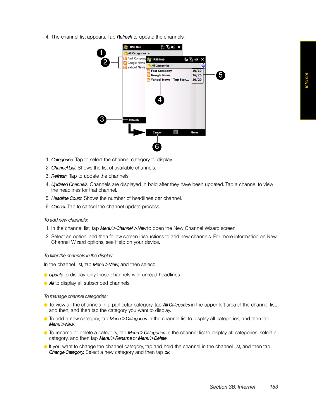 HTC RAPH800 manual Internet 153, To add new channels, To filter the channels in the display, To manage channel categories 