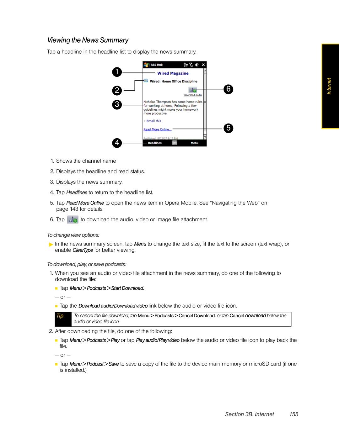 HTC RAPH800 manual Viewing the News Summary, Internet 155, To change view options, To download, play, or save podcasts 