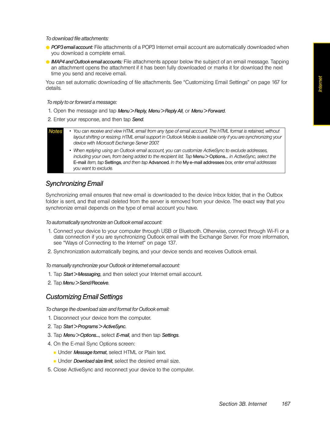 HTC RAPH800 manual Synchronizing Email, Customizing Email Settings, Internet 167 