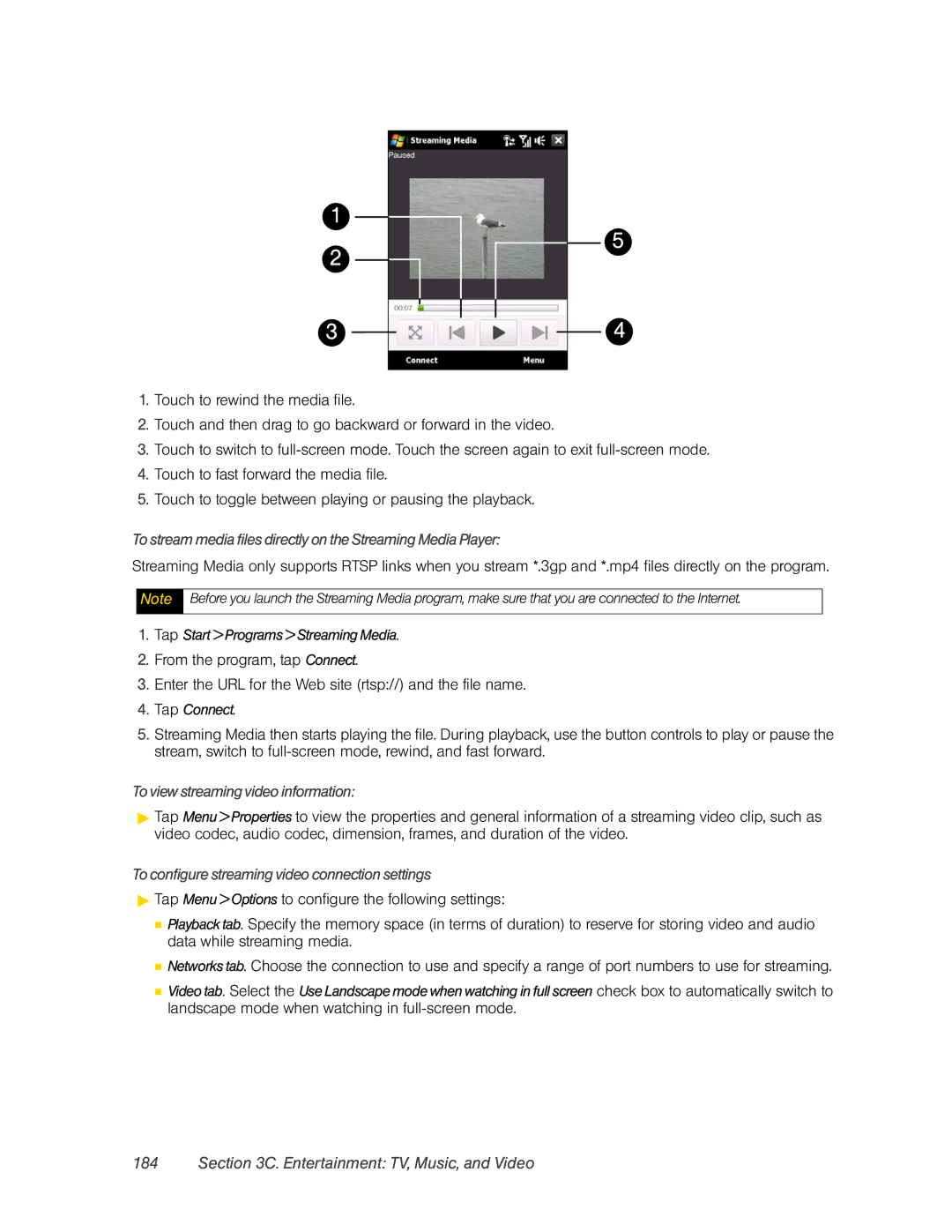 HTC RAPH800 manual Tap Start Programs Streaming Media, To view streaming video information 