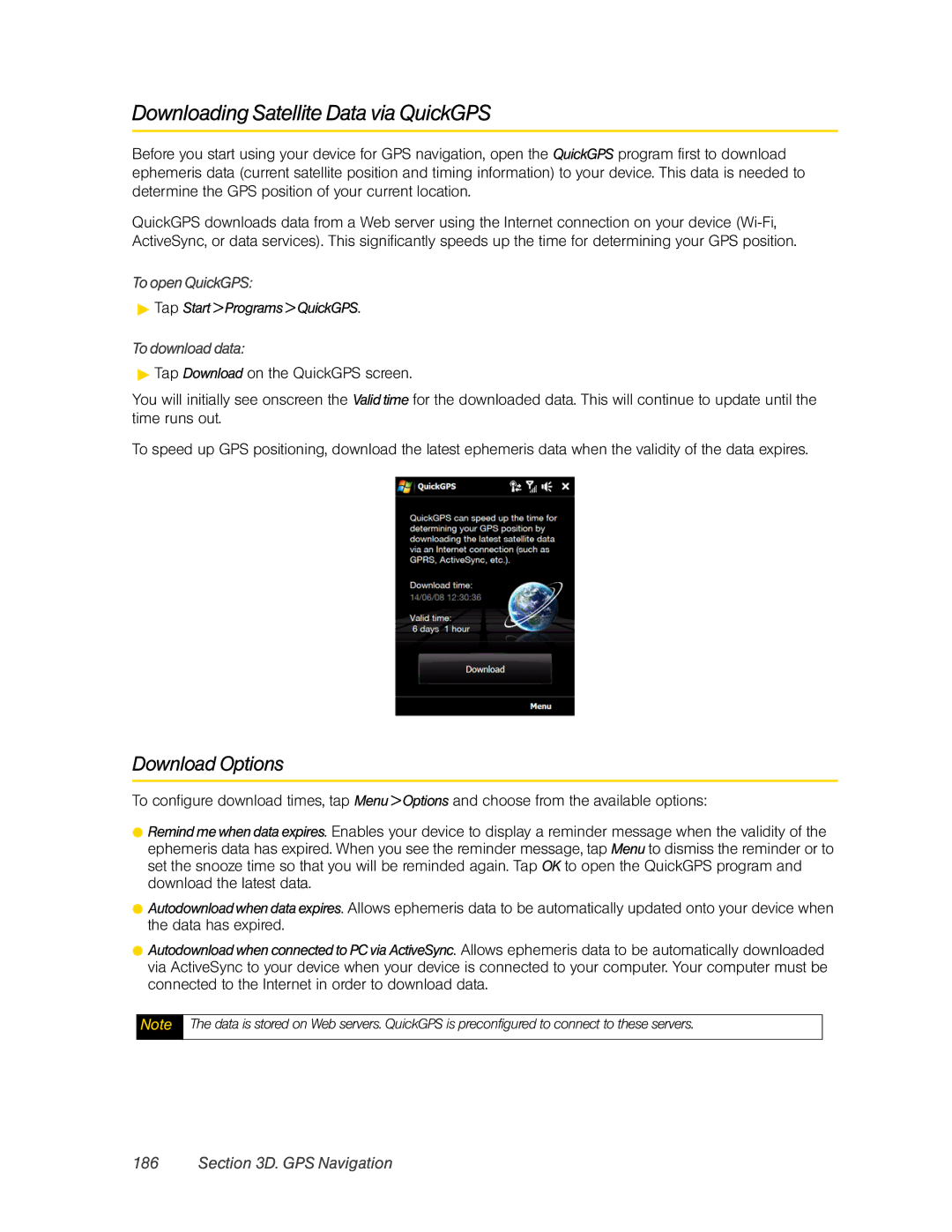 HTC RAPH800 Downloading Satellite Data via QuickGPS, Download Options, GPS Navigation, To open QuickGPS, To download data 
